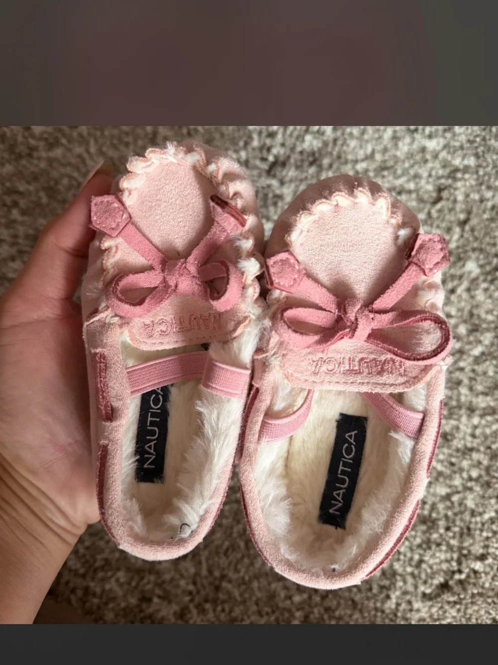 Nautica Baby/Toddler Pink Plush Moccasin Slippers with Bow
